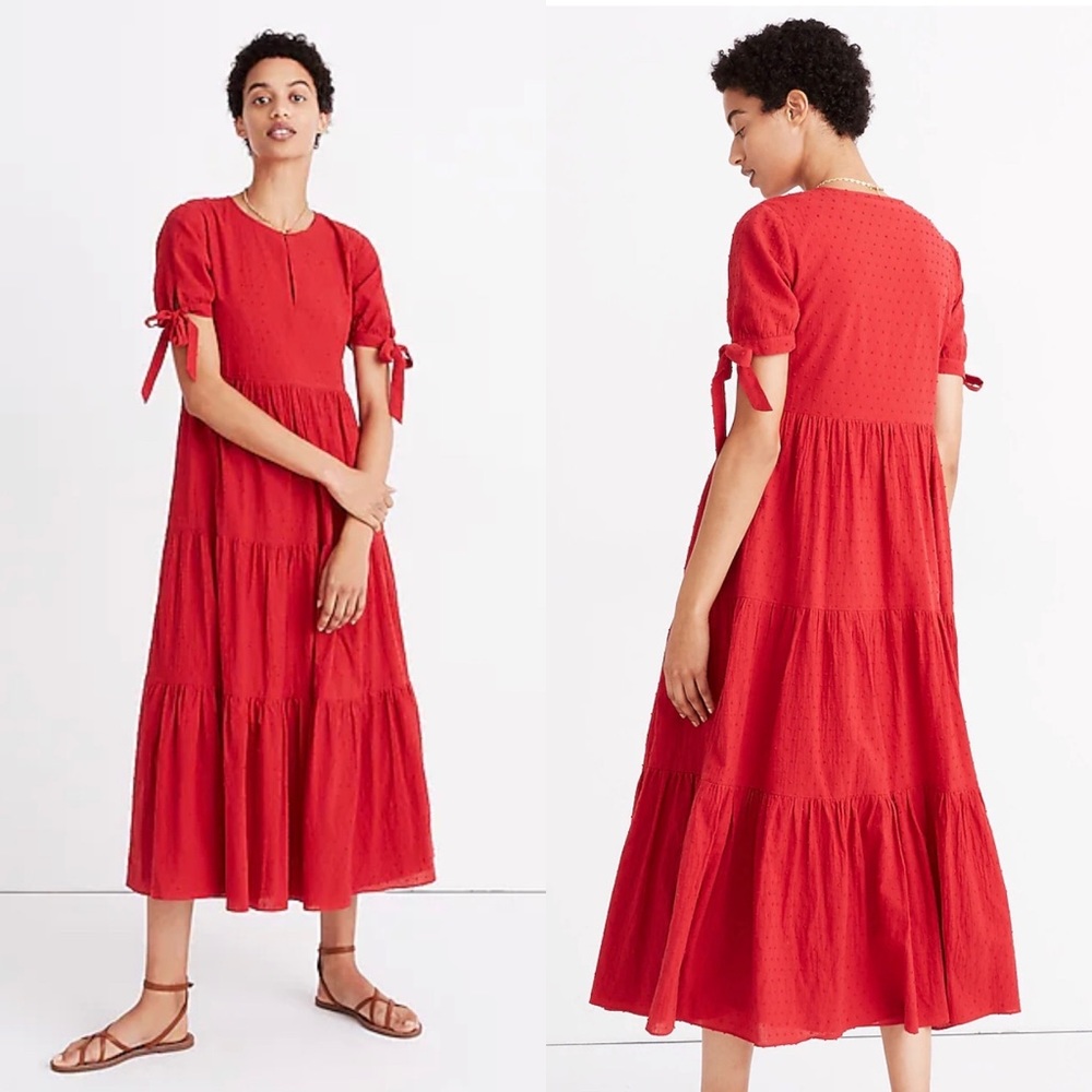 Madewell | Tie-Sleeve Tiered Midi Dress in Swiss Dot, S